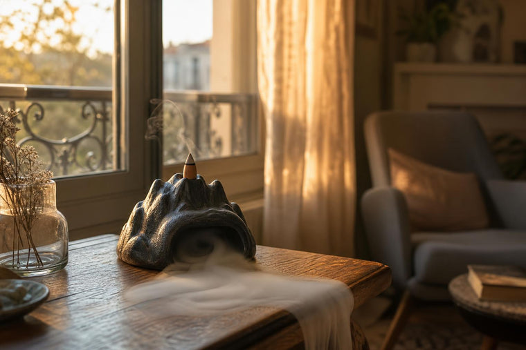 Smoke from a backflow incense cone falling like water over a mountain-shaped burner on a table by a window