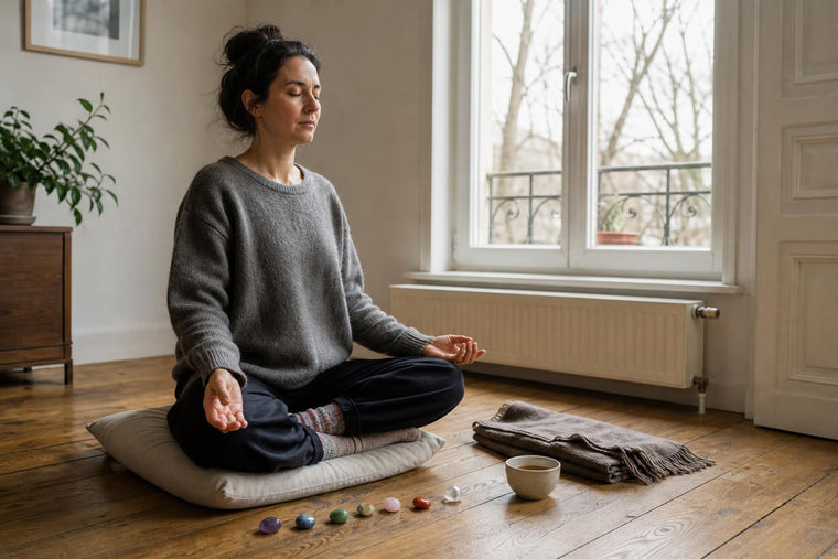 A person sitting cross-legged in quiet practice beside seven rounded chakra stones on a wooden floor in a European sitting room