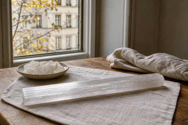 A pale selenite stick lying on linen in soft daylight beside a folded cloth