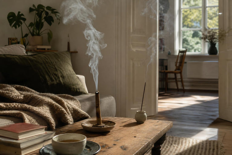Two incense sticks of different thickness burning in a sunlit European living room, their smoke trails carrying at different strengths through the space.