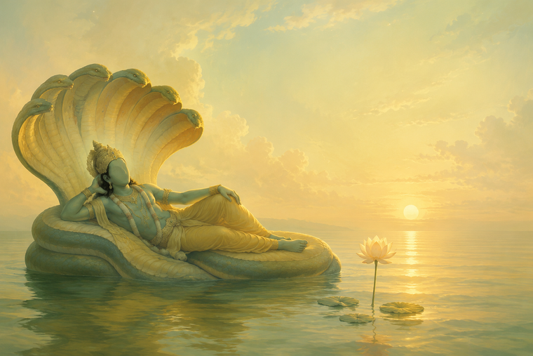 Painterly dawn illustration evoking Vishnu the preserver — a serene blue figure reclining beside a lotus on a still cosmic ocean.