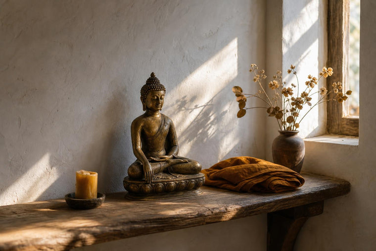 A small bronze Buddha statue in Bhumisparsha mudra on a wooden shelf in warm afternoon light, surrounded by a candle and dried flowers