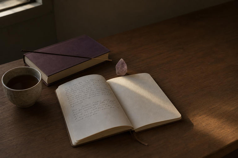 A quiet writing desk in evening light with an open handwritten letter, a rough amethyst point, an unlit incense stick and a cup of cold tea.