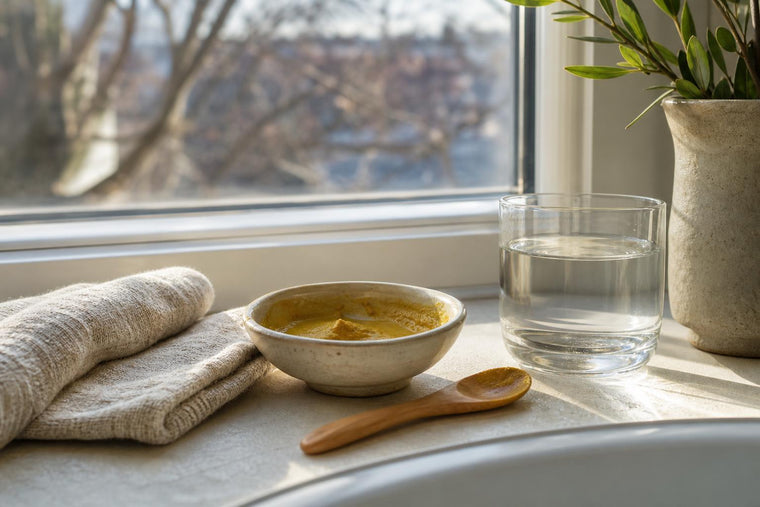 A bowl of turmeric paste and a folded linen cloth on a sunlit European bathroom windowsill