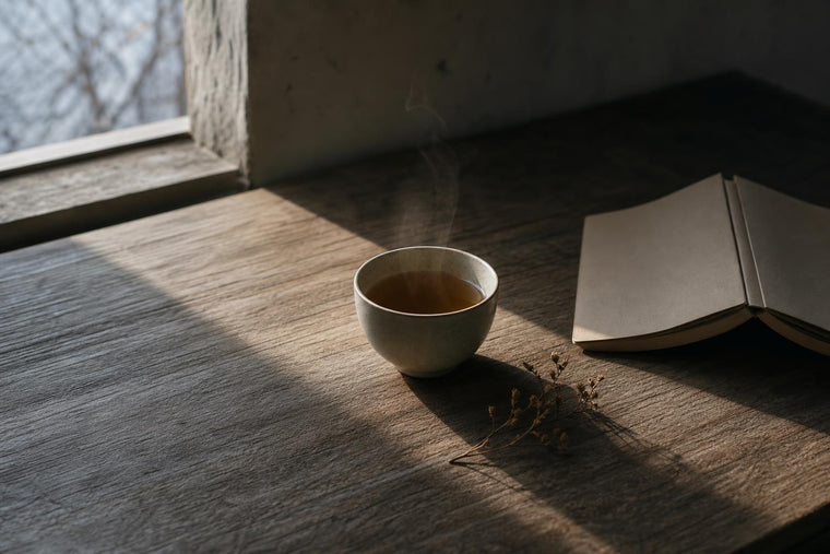 A single ceramic bowl of tea on a wooden desk in cool morning light, steam rising, an open book beside it — a spare and unhurried scene.
