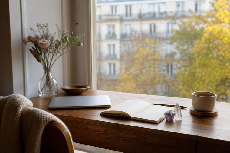 A fluorite crystal and a clear quartz point on a wooden desk beside an open notebook in soft window light