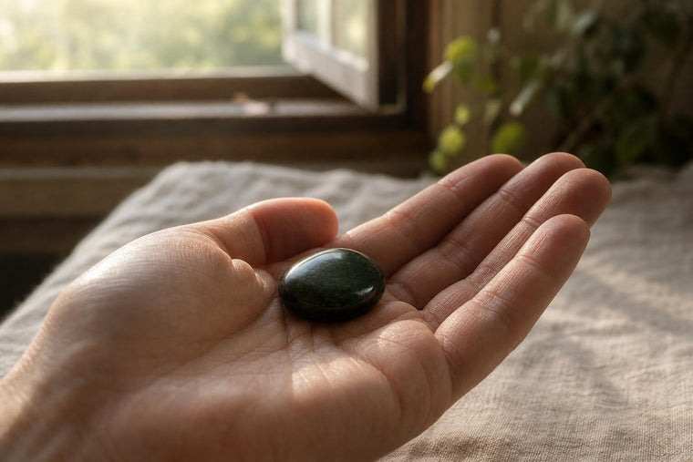 A smooth dark-green tumbled worry stone resting in an open palm by a softly lit window, a calm slow-living moment