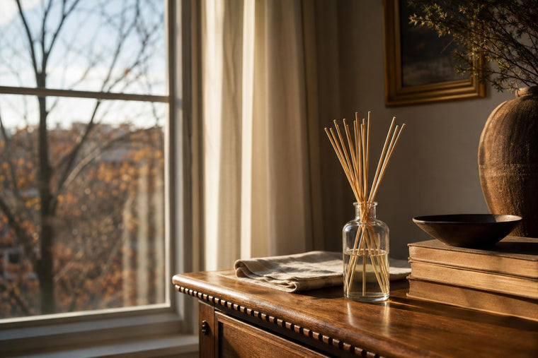 A rattan reed diffuser bottle standing on a wooden console table beside a window in soft autumn light