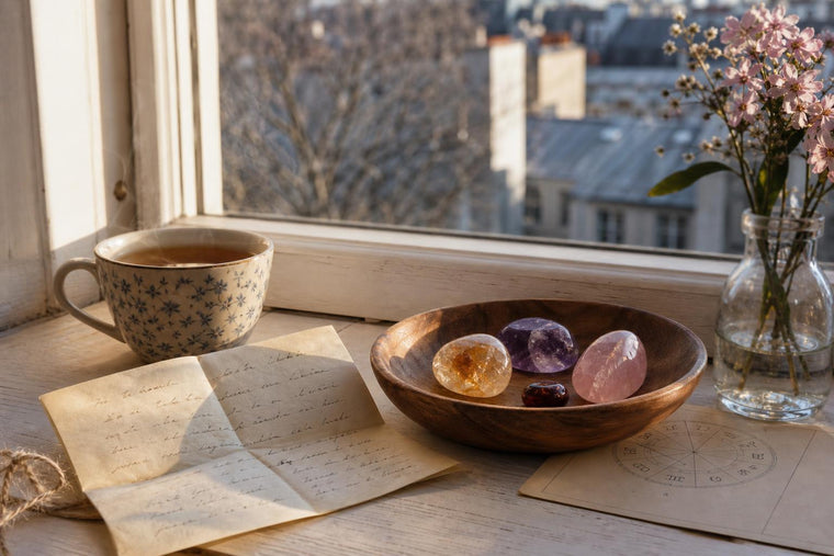 A handwritten letter beside a bowl of mixed crystals and a zodiac wheel card on a European windowsill