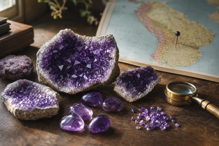 Raw amethyst geode fragments and tumbled stones on a wooden desk with a brass loupe, evoking the stone's journey from mine to study