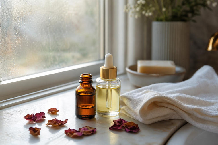 A bottle of rose oil and a carrier oil on a bathroom windowsill in morning light