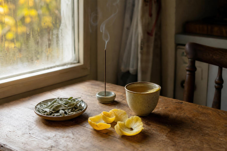 Dried sage leaves and citrus peel beside a lit incense stick on a wooden kitchen table in soft daylight