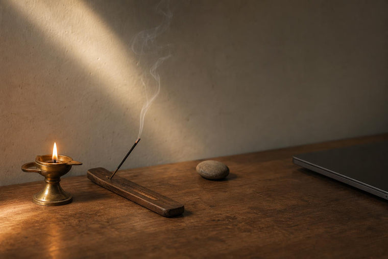 A small desk altar with a lit brass oil lamp, a stick of incense in a wooden holder, and a single stone on an otherwise empty desk in morning light.