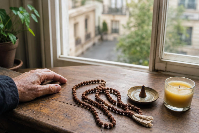 A rudraksha mala with a cotton cord resting on a table beside incense and a candle in soft morning light
