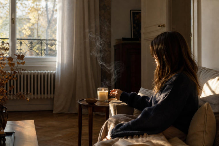 A lit candle on a wooden table catching afternoon light in a quiet European living room