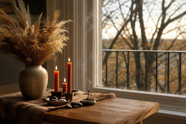 A small calm corner styled for autumn with dried flowers, rust-coloured candles and dark stones beside a window