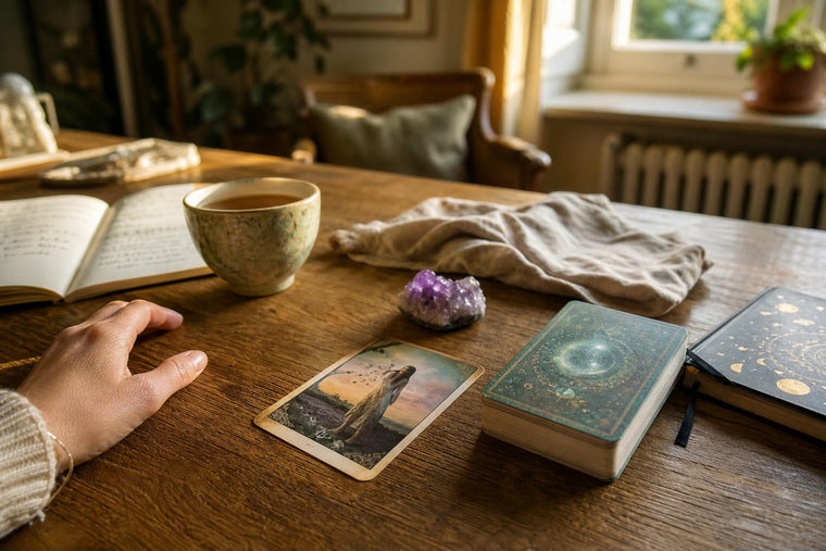 An oracle card and deck on a wooden table with a notebook, pencil and small piece of amethyst in morning light