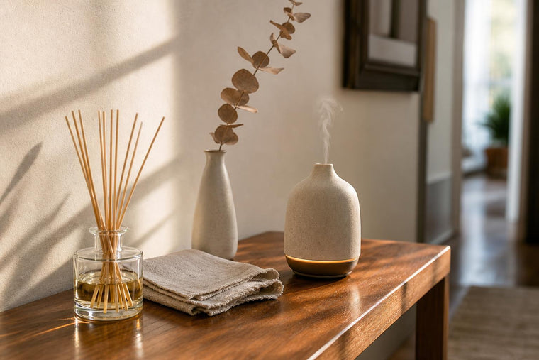 A reed diffuser and an electric diffuser sitting side by side on a wooden hallway table in soft afternoon light