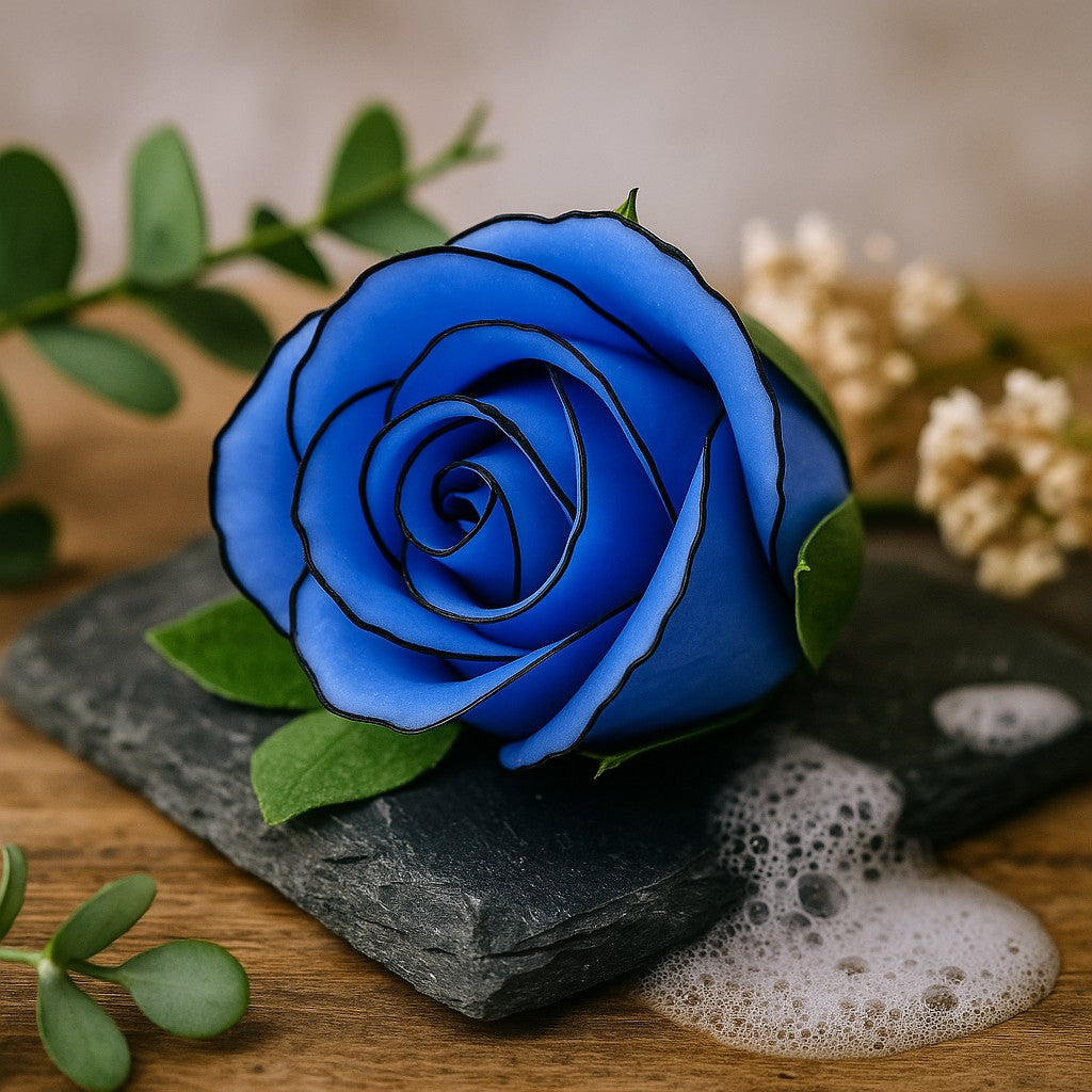 Soap Flowers Medium Rose Blue-Black Rim 10 Pieces