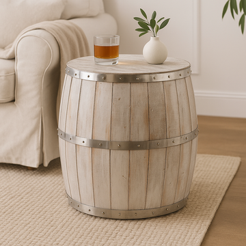 Beer Barrel Storage Table Whitewash, Barrel Table