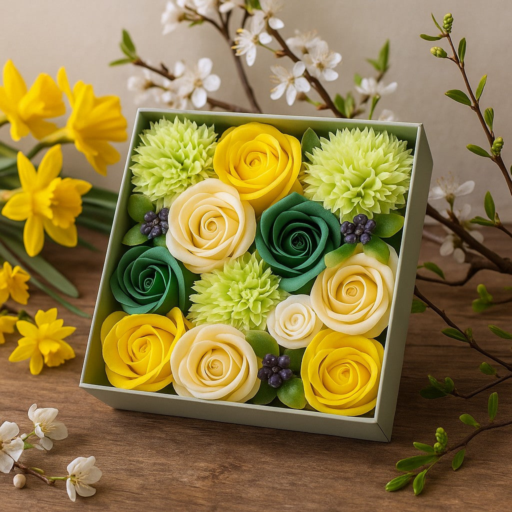 Caja cuadrada de flores de jabón, amarilla y verde