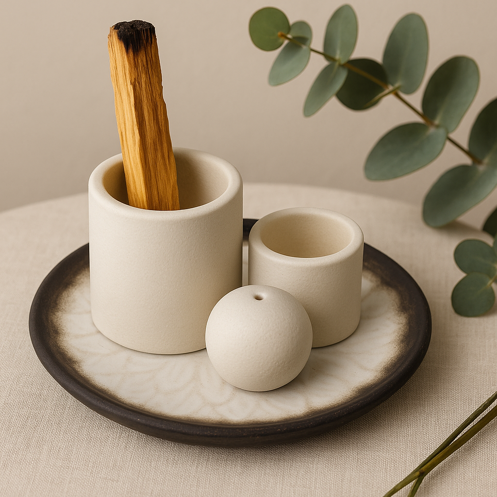 Ceramic Palo Santo Smudge Incense Holder, White Grey