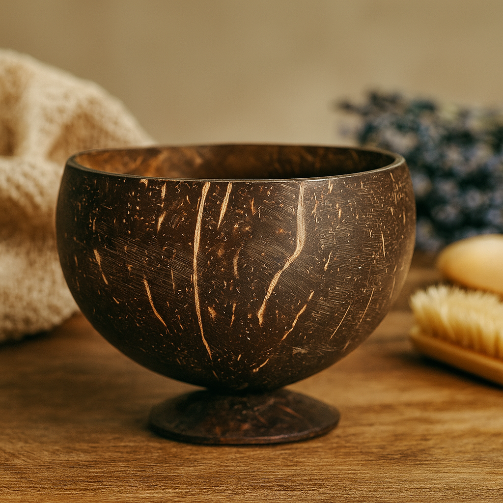 Small Handcrafted Coconut Shell Bowl with Wooden Stand