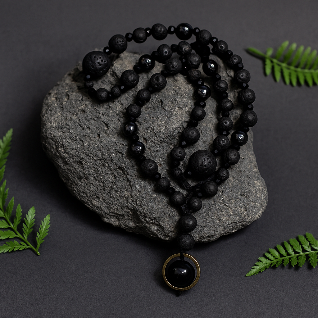 Black Lava Stone Mala Pendant Necklace