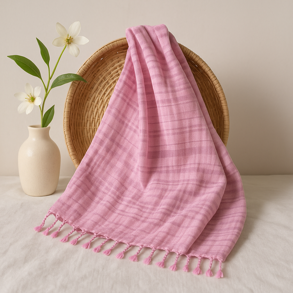 Boho Pink Striped Linen-Blend Tassel Scarf Shawl 62x200cm