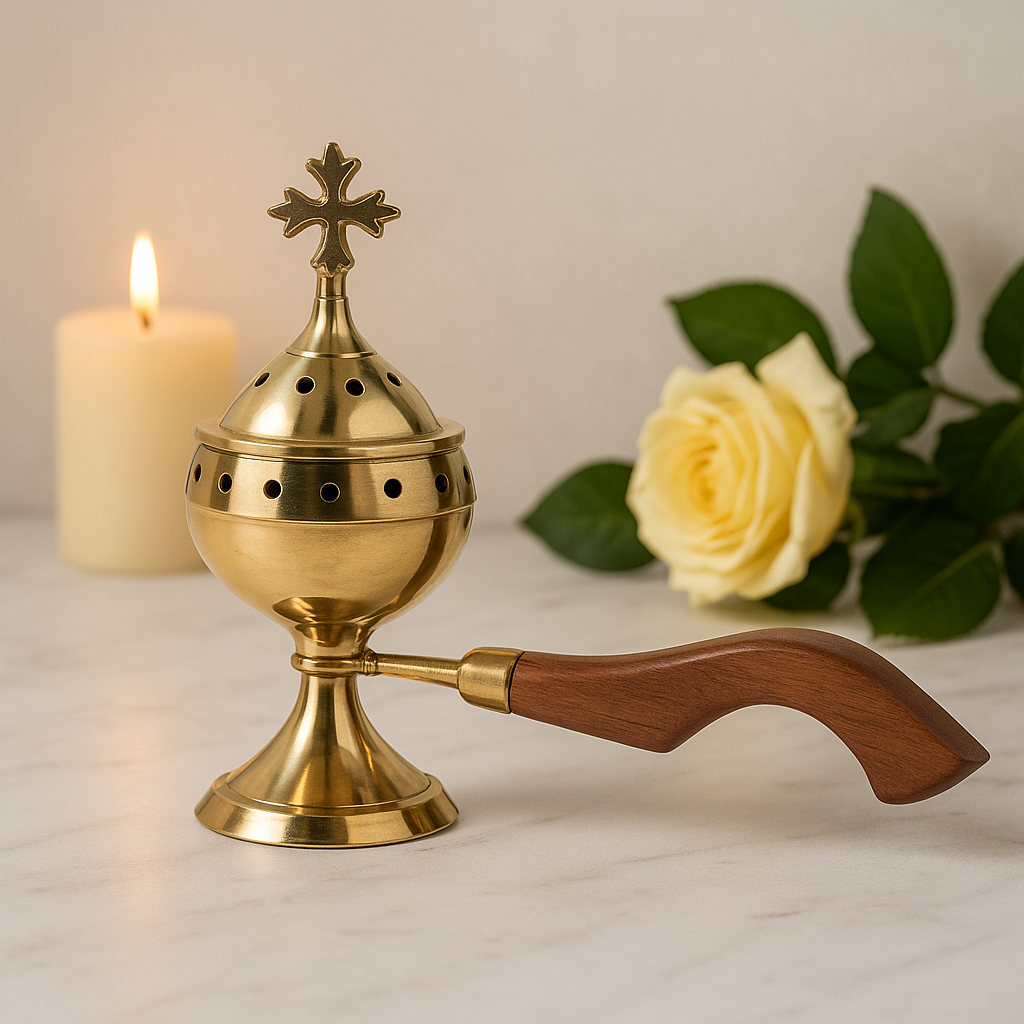 Brass Christian Censer Incense Burner Wooden Handle Cross