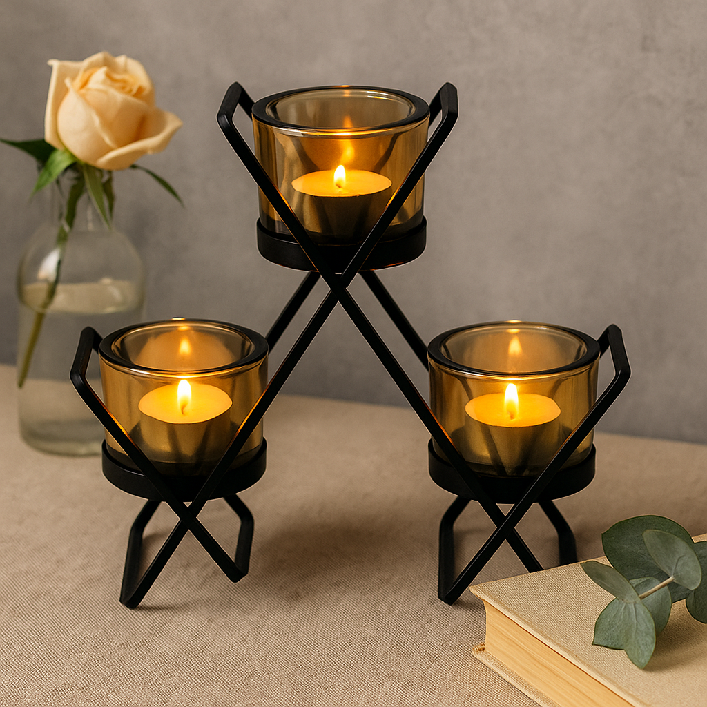 Suport pentru lumânări votive 3 cupe triunghi fier sticlă