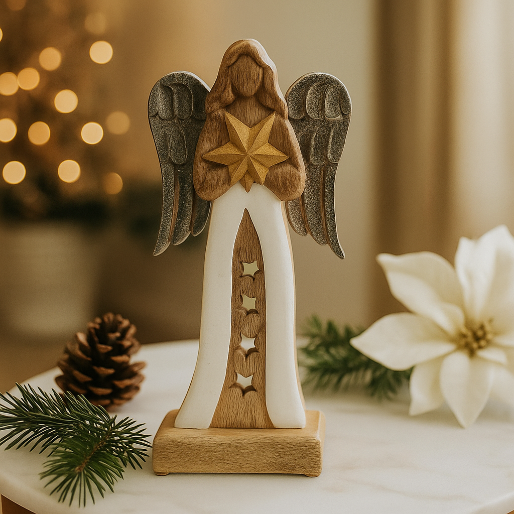 30cm Mango Wood Angel Figurine with Metal Wings