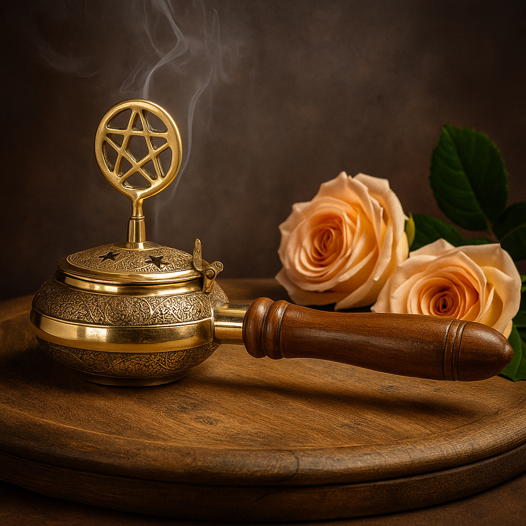 Brass Pentagram Censer Incense Burner, Wooden Handle