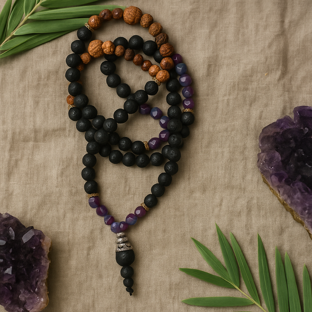 Lava Stone Rudraksha Amethyst Mala Tassel Necklace
