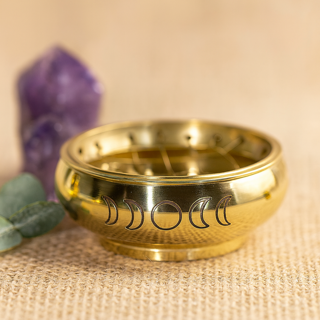 Brass Moon Phases Charcoal Incense Burner with Screen