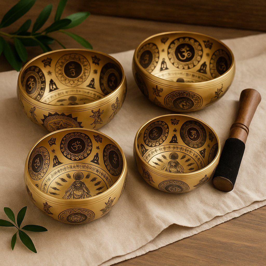 Set of 4 Etched Brass Tibetan Singing Bowls