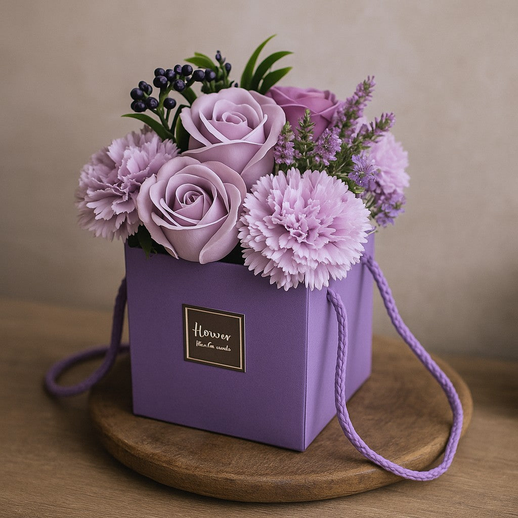 Seifenblumenstrauß - Lavendelrose und Nelke