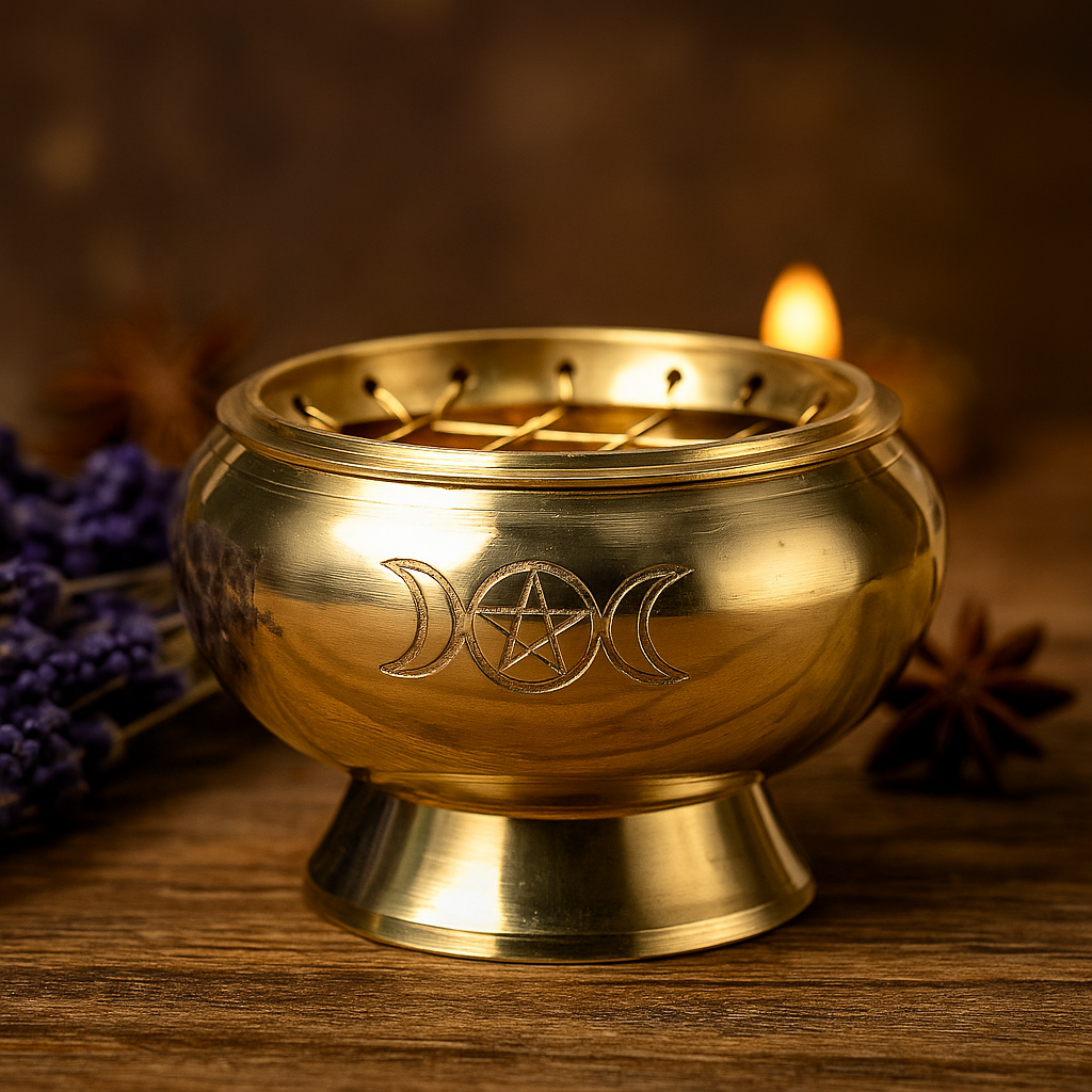 Brass Charcoal Incense Burner Triple Moon Pentacle