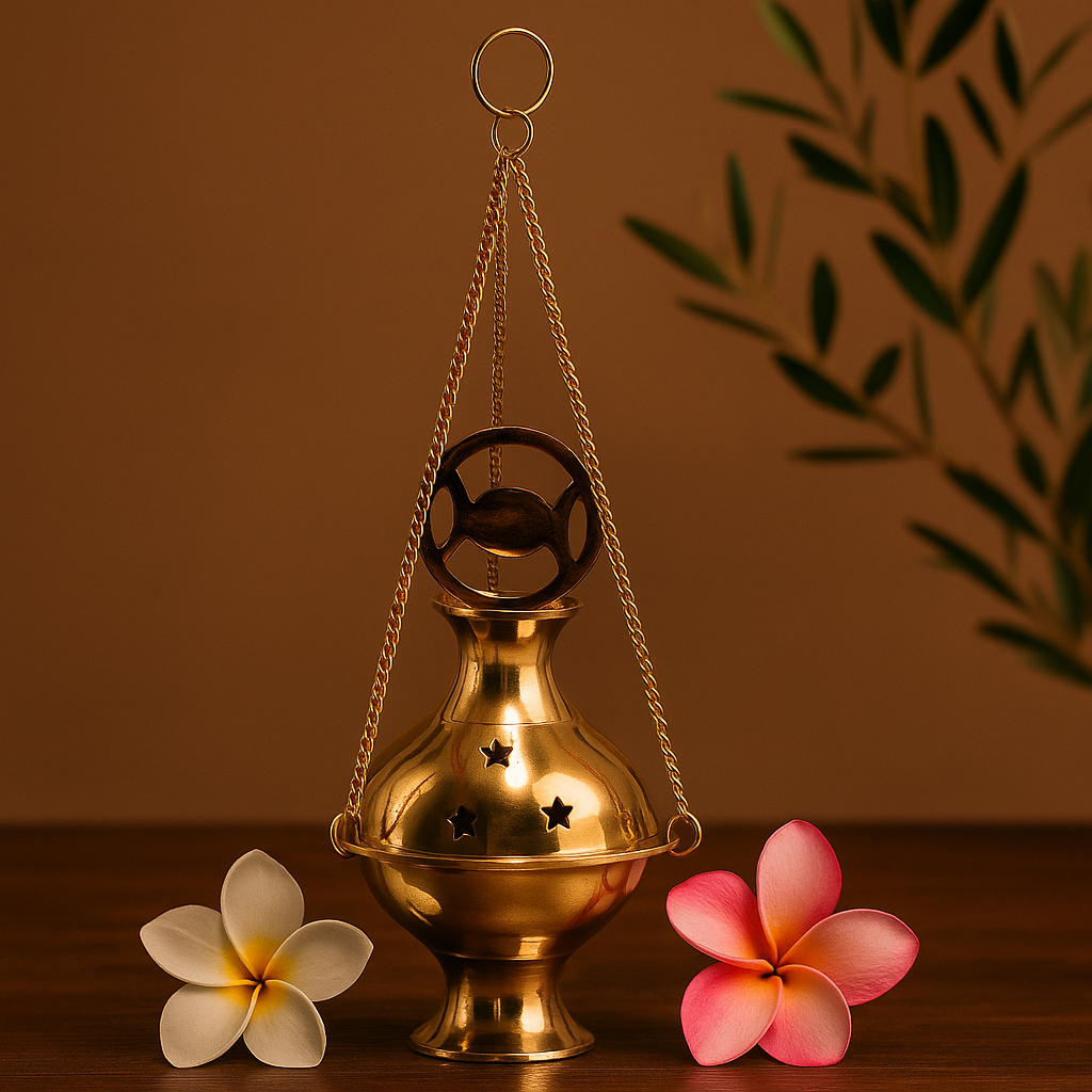 Brass Hanging Incense Burner, Triple Moon Thurible