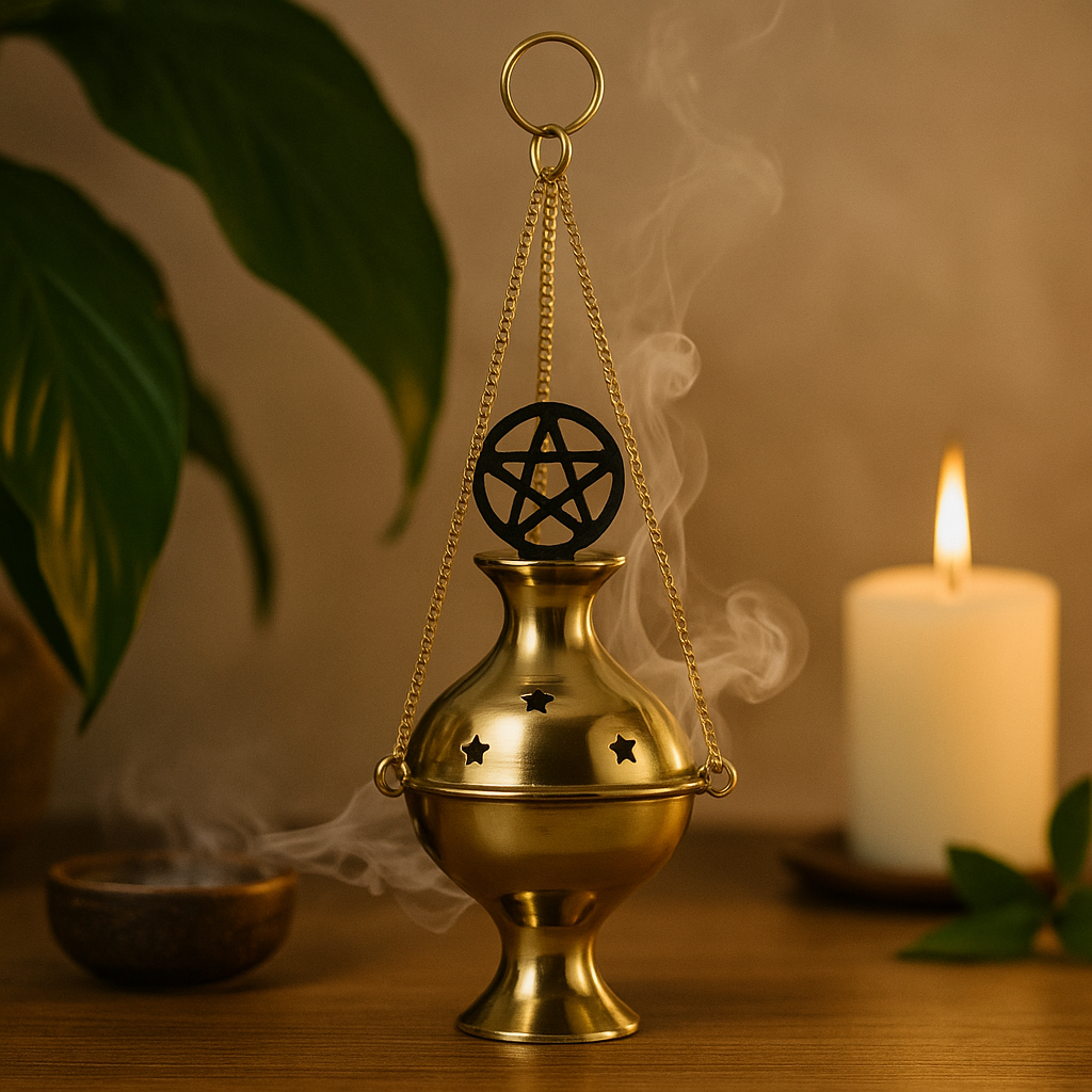 Polished Brass Hanging Incense Burner, Pentacle
