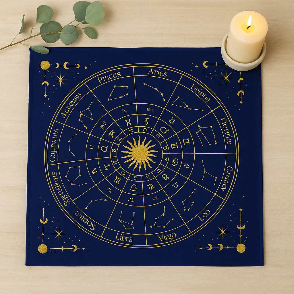Tarot Reading Cloth Zodiac Wheel Navy Gold 75x75cm