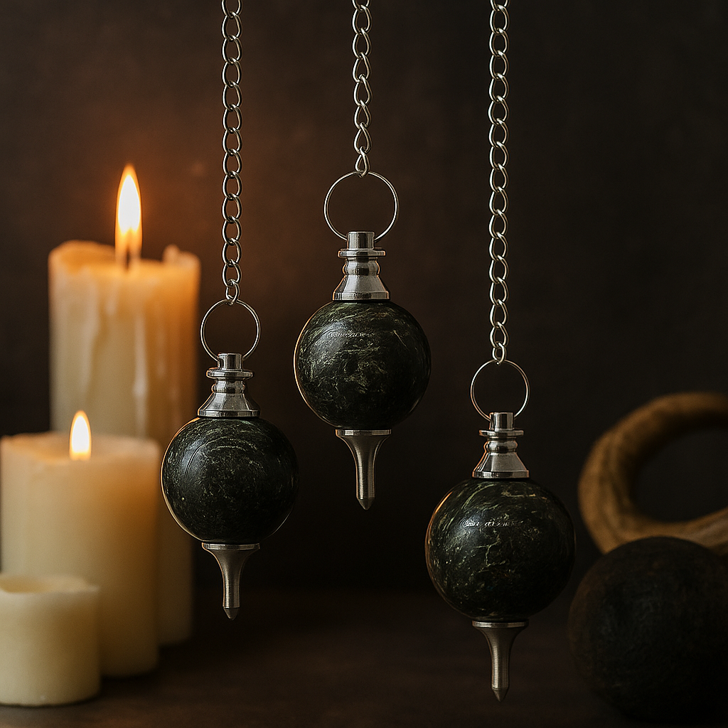 Kryształowa kula z labradorytu, wahadło do radiestezji z łańcuszkiem