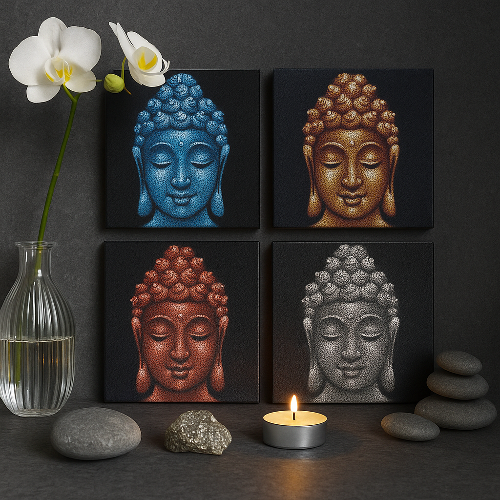 Set de 4 tablouri cu capete de Buddha, 30x30cm