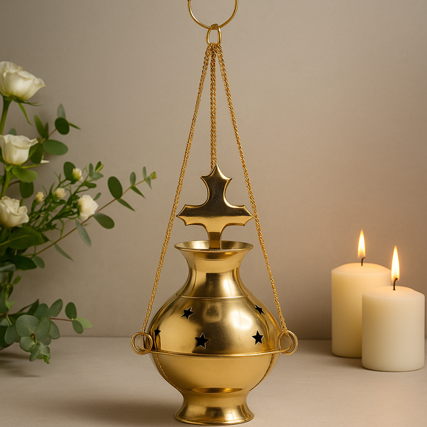 Hangende messing thurible wierookbrander met kruis