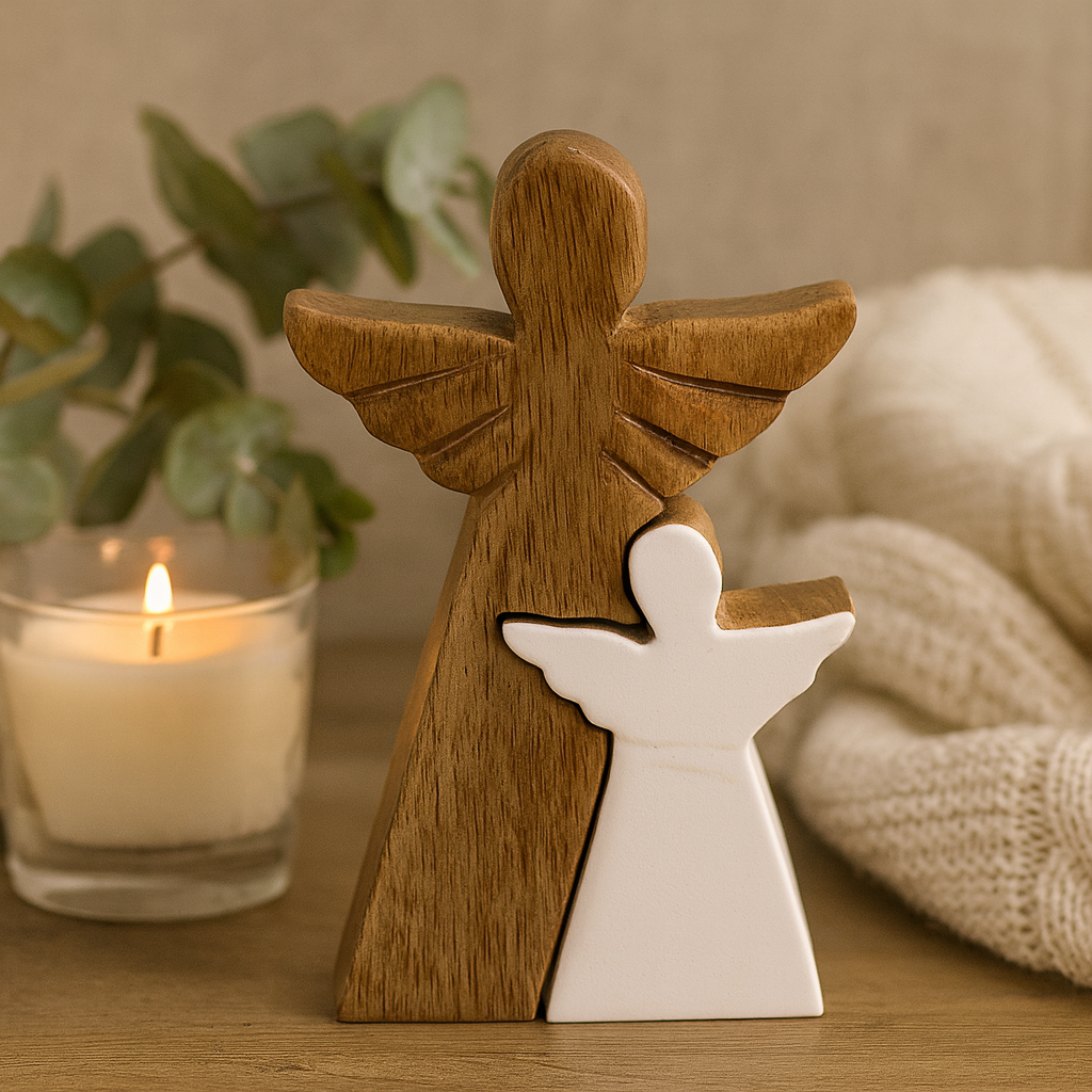 Nested Mango Wood Angel Figurine White Enamel