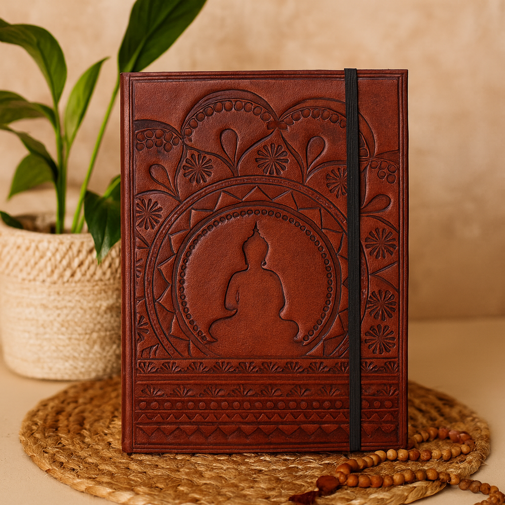 Caiet de piele neformat cu mandala tibetană cu curea