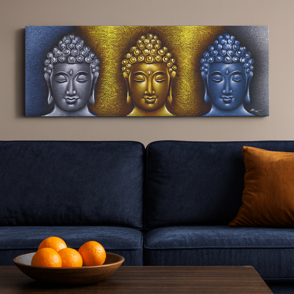 Artă pe pânză cu Buddha pentru perete, trei capete cu detalii aurii