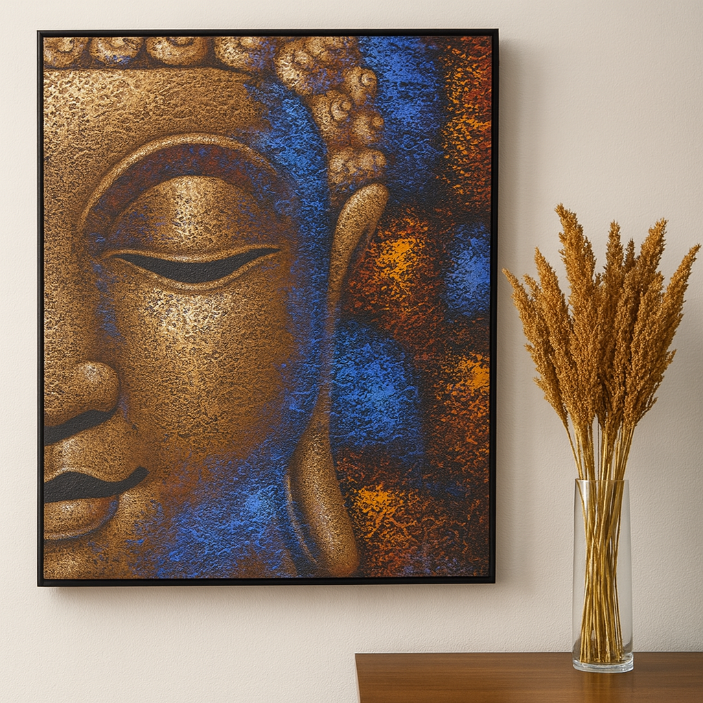 Artă pe pânză cu Buddha, înrămată cupru 80x60cm