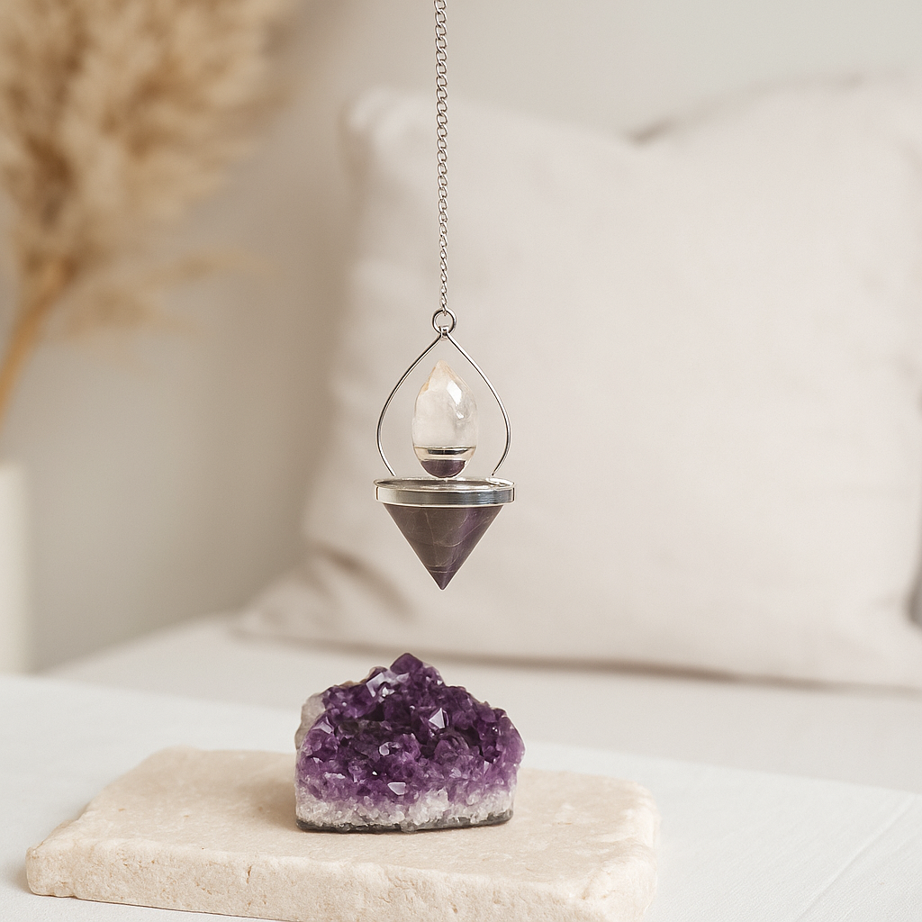 Péndulo de cristal, amatista y cuarzo