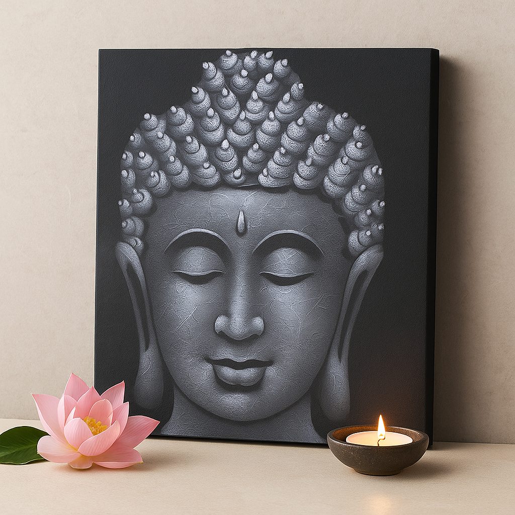Artă pe pânză cu Buddha, finisaj nisip gri, 80x60cm